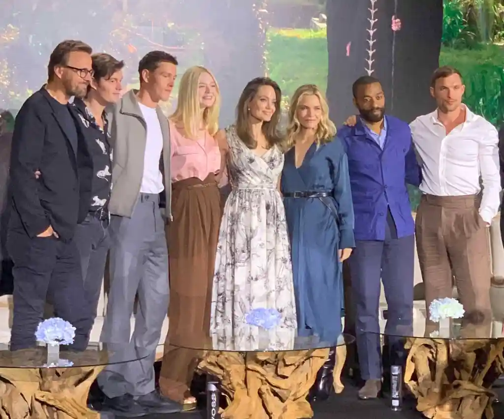 Angelina Jolie and Ed Skrein with the rest of the cast of 'Maleficient 2'